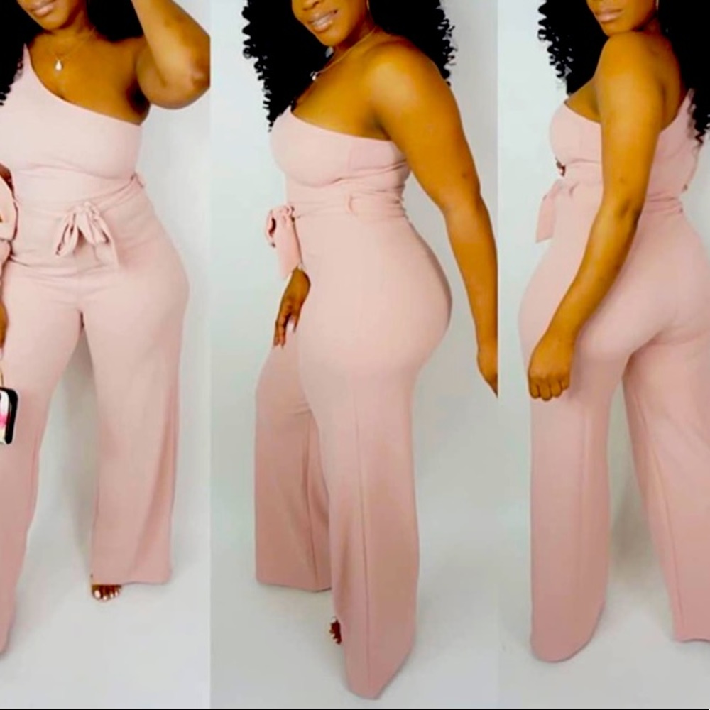Women's Elegant Wide Leg Jumpsuit 1 Shoulder Split Long Sleeve Belted One Piece